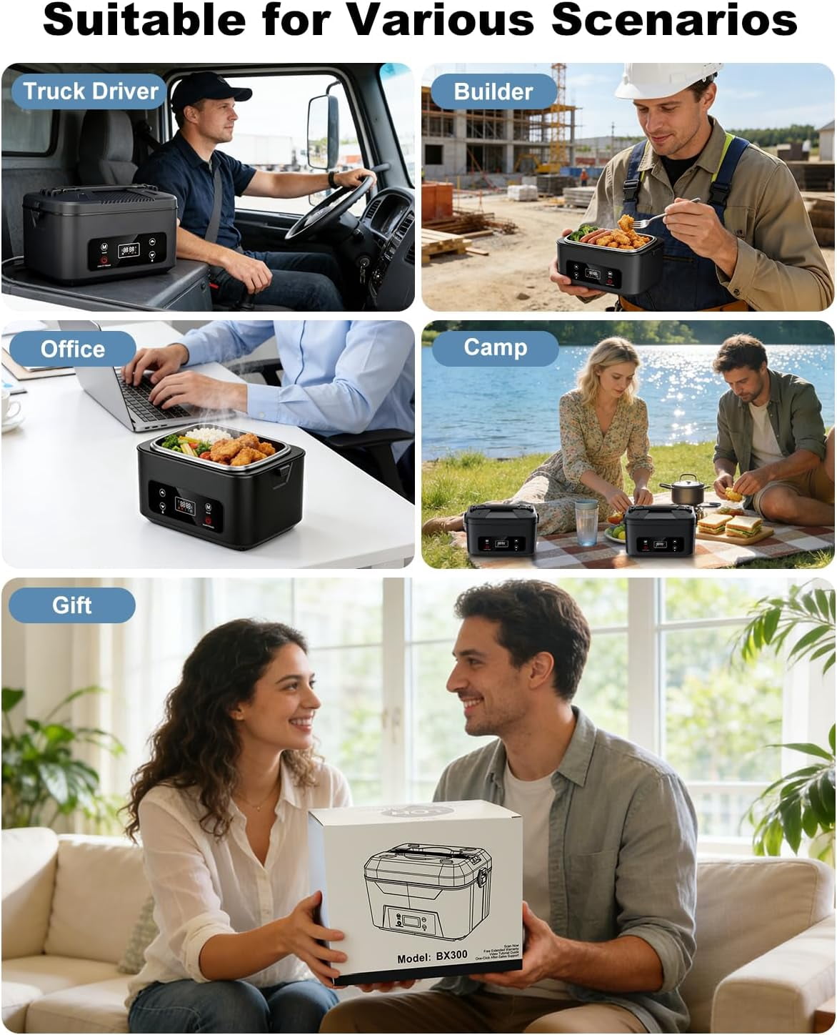 Cordless Electric Lunch Box, 5.1 Cups Heated Lunch Box Battery Powered with Automatic Scheduled Heating for Office, Picnic, Car & Outdoor Use