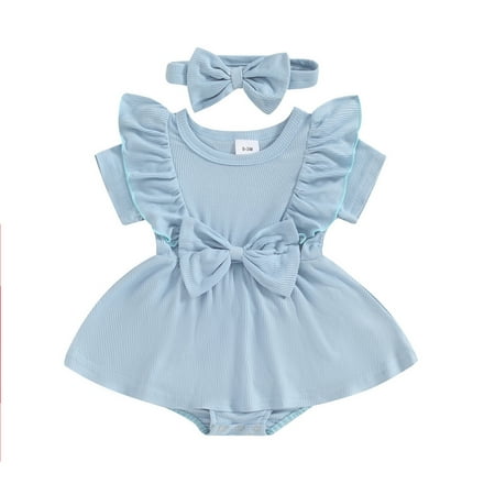 

Aojekbee Infant Baby Girl Romper Dress Solid Color Ribbed Ruffled Short Sleeve Round Neck Jumpsuit with Bow Headband