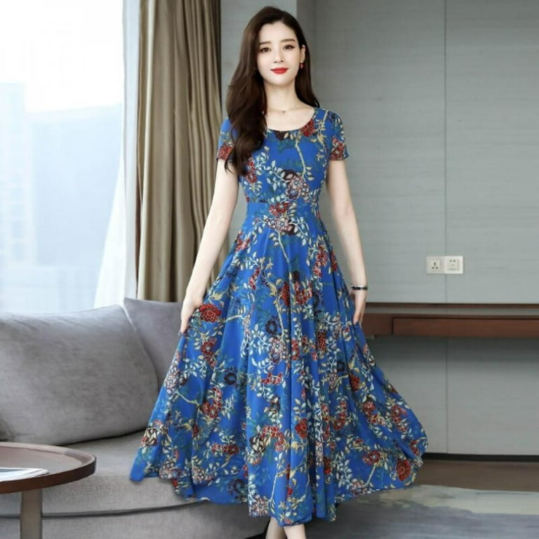 Pretty Comy Women Summer Floral Printed Dress Women O Neck Ladies Dresses  Short Sleeve Bohemian Dress Blue XXL 