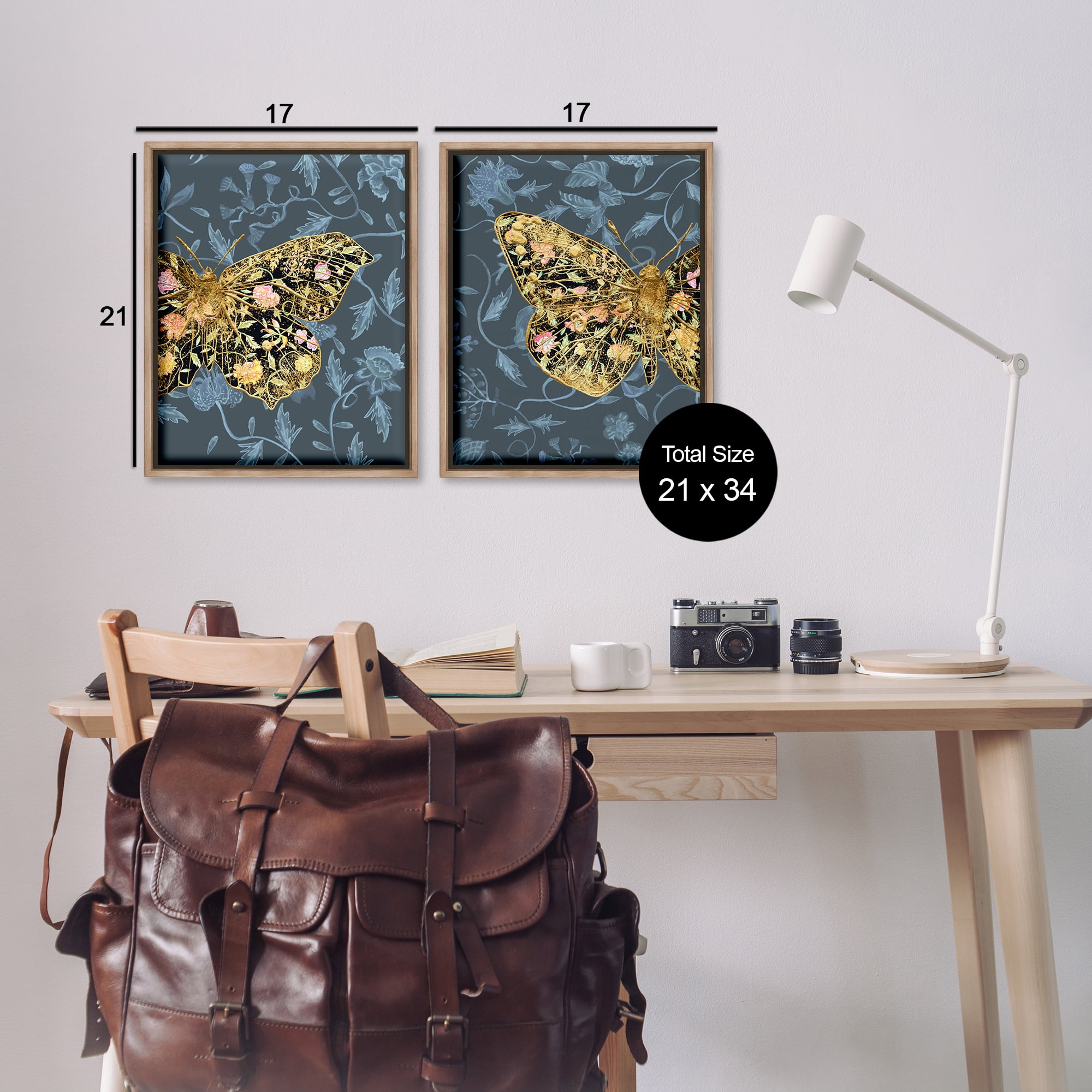 Stupell Industries Gold Winged Black Moth Floral Animals Painting Brown Floater Framed Canvas Art Print Wall Art, 17 x 21, Set of 2
