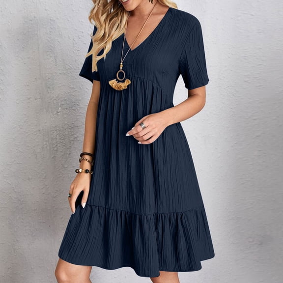 ClodeEU Women's Short Sleeve V Neck Layered Swing Dress ,Flowy Tiered Beach Sundress Navy,Womens Plus XXXL