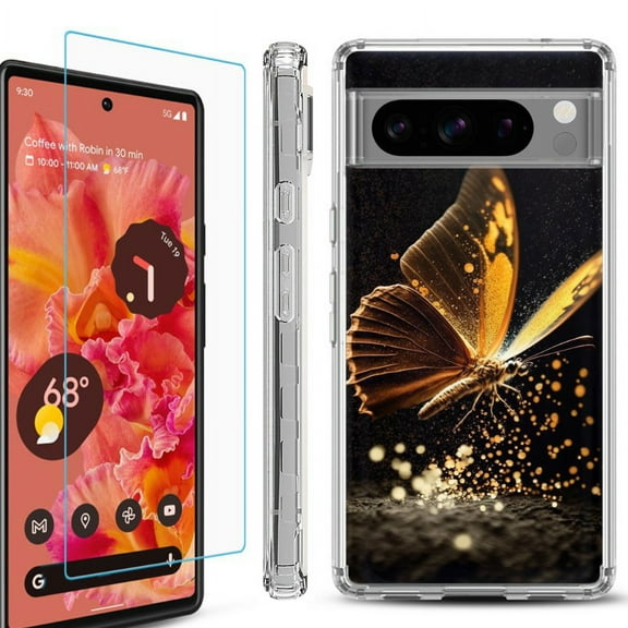 OneToughShield ® Compatible with Google Pixel 8 Pro, Shockproof Phone Case, with Tempered Glass Screen Protector - Golden Butterfly