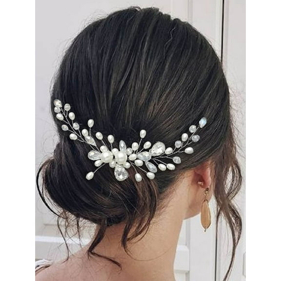 Bride Wedding Hair Vine Silver Pearl Hair Piece Crystal Headpieces Rhinestone Bridal Hair Accessories for Women and Girls