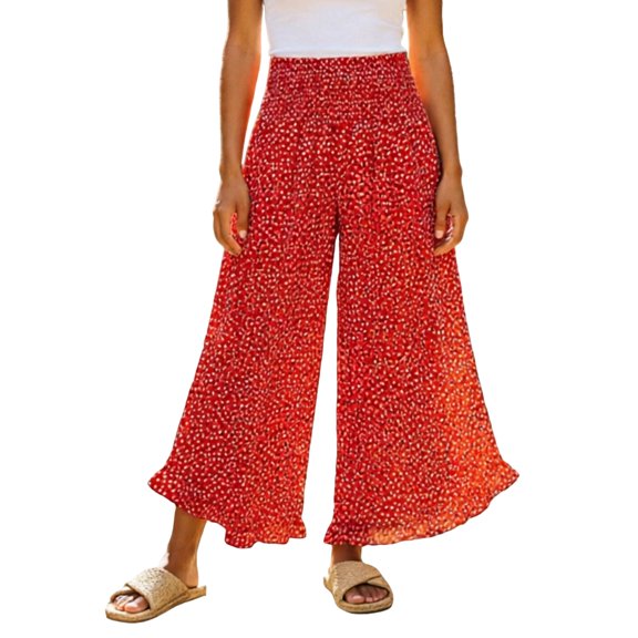 LPKRT Women Plus Size Polka Dot Pants - High Waist Wide Leg Trousers, Casual Flowy Summer Bottoms(Red-2XL)