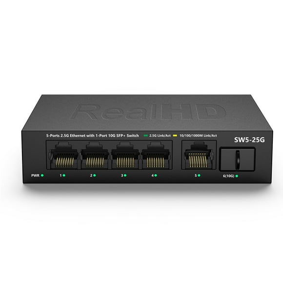 5 Port 2.5GB Ethernet Switch Unmanaged Network Switch | 5 x 2.5 Gigabit | 1 x 10G SFP+ | Multigig Switch 10-100-1000Mbps | 45G Bandwidth | Plug & Play | Fanless Metal In