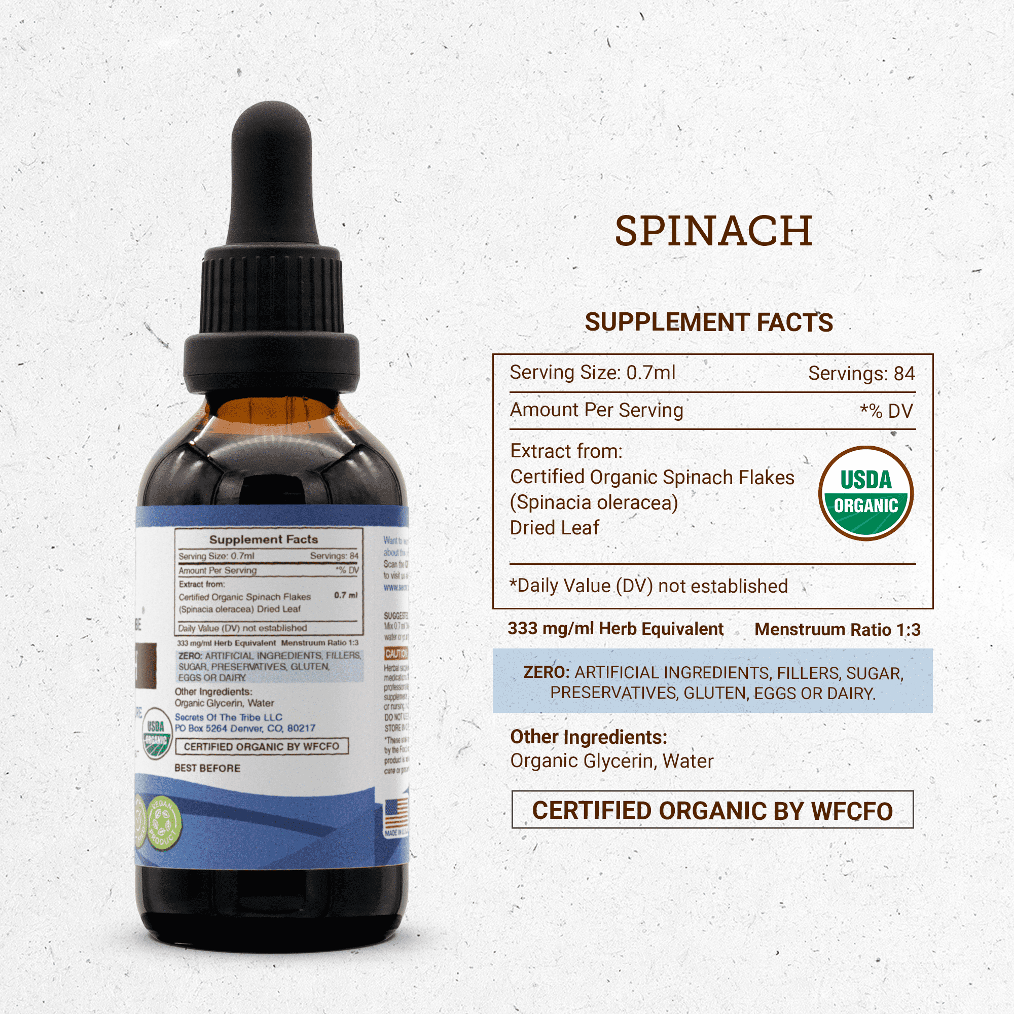 Secrets Of The Tribe Spinach Organic Dietary Supplement, Natural Herbal Tincture for Nutritional Support, Certified Organic Spinach Flakes (Spinacia oleracea) Dried Leaf, Alcohol-Free Extract, 2 oz