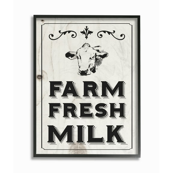 Stupell Industries Black and White Farm Fresh Country Milk Cow Novelty Painting Black Framed Art Print Wall Art, 16 x 20