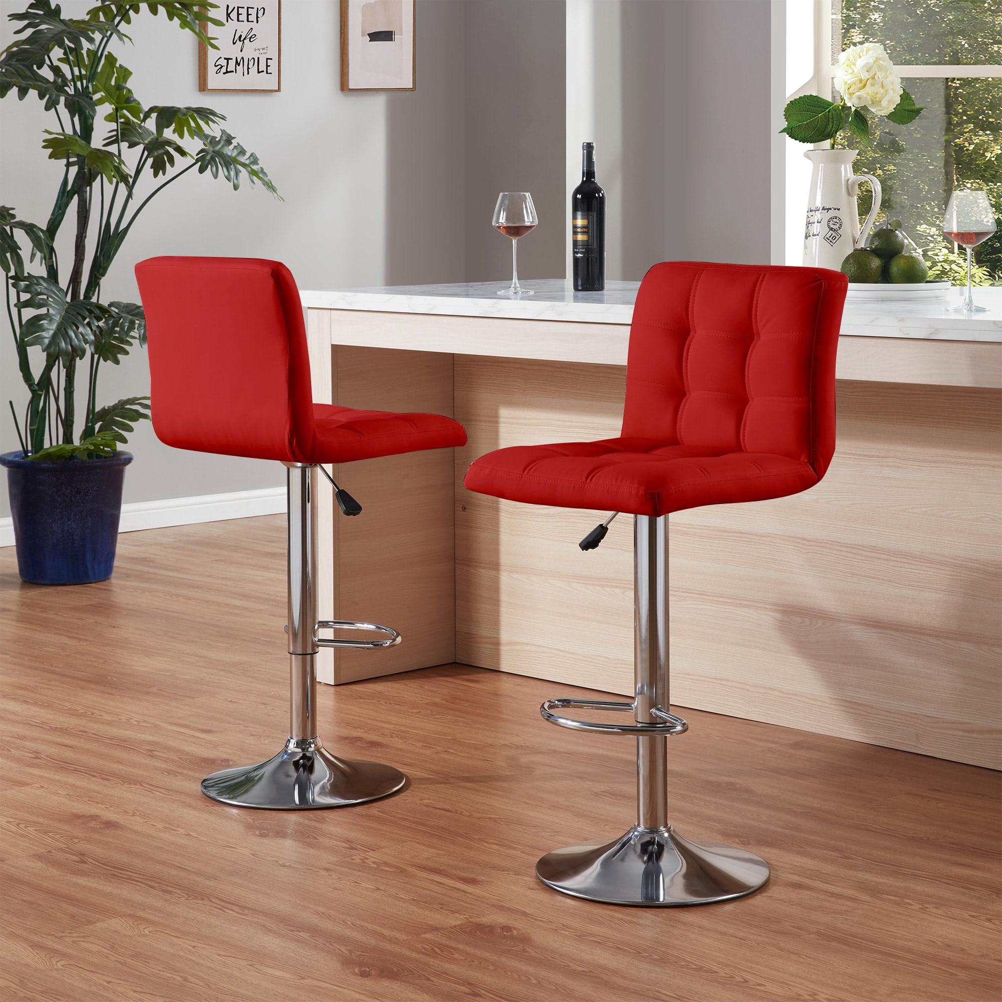MAYEERTY Set of 2 Bar Stools, Adjustable Swivel Counter Height Stools,Red