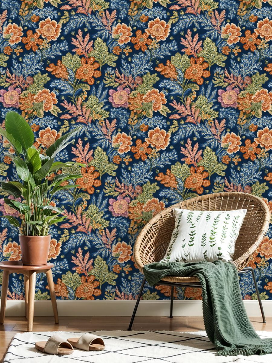Vintage Peel and Stick Wallpaper Floral Orange Pink Flowers Dark Blue Wall Mural 17.7in x 9.8ft Self Adhesive Removable Wall Paper Renter Friendly Wallpaper for Nursery Bedroom Cabinets