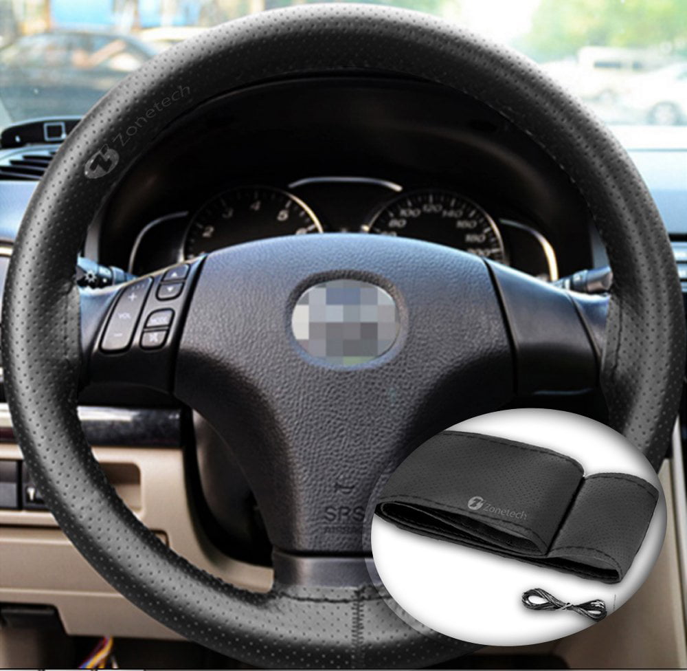 Black Genuine Leather Steering Wheel Cover Wrap Sew-on 38CM DIY Kit For All Car