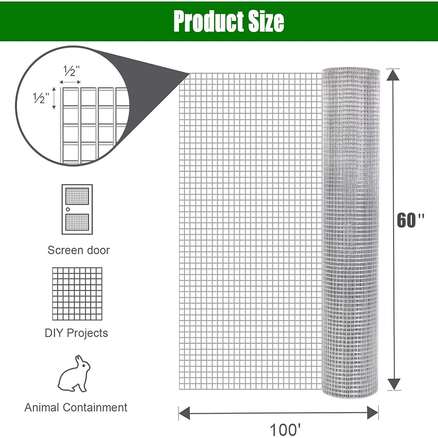 Hardware Cloth 1/2 inch 60in x 100ft 19 Gauge, Hot-dip Galvanized After Welding Chicken Wire Fence Roll Garden Plant Welded Metal Wire Fencing Roll, Rabbit Cages Snake Fence