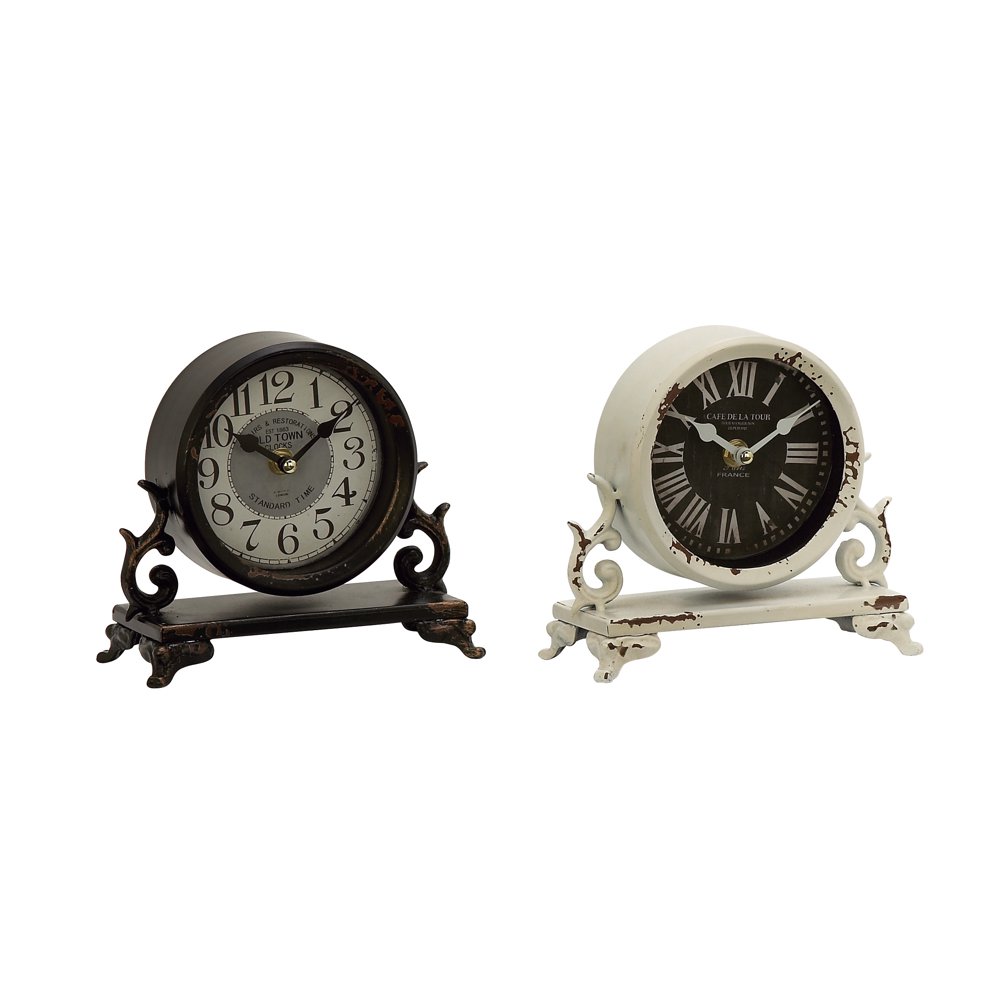 DecMode 7"W, 7"H Metal Vintage Analog Tabletop Clock, Black, 2 Pieces