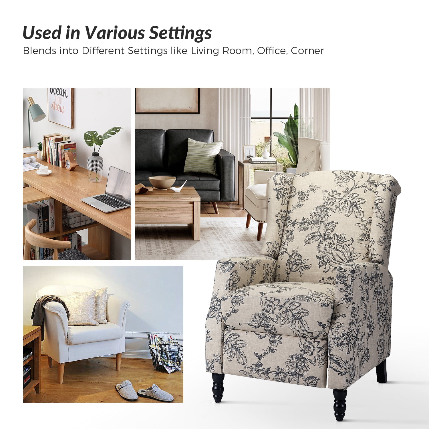 Traditional Manual Recliner Chair Push Back Upholstered Wingback Fabric Living Room Indigo