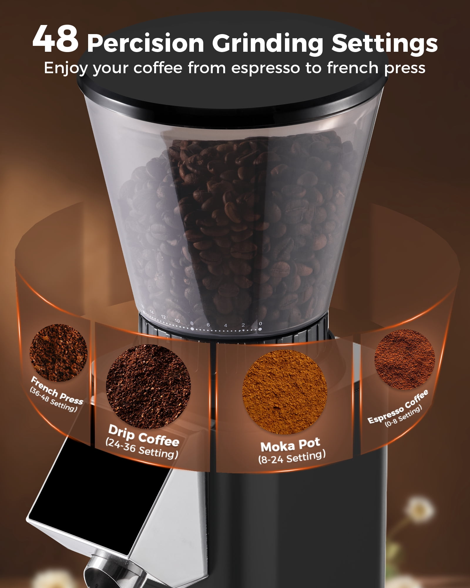 Tuni G1-N Conical Burr Coffee Grinder, 48 Grind Settings Anti-static Burr Mill, Precision Electronic Timer and LED Touchscreen for Espresso/Drip/Cold Brew/French Press, Stainless Steel, Black
