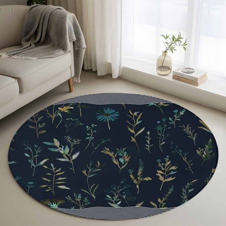 Black Spring Floral Round Area Rug 3 FT Small Kitchen Bathroom Mats Watercolor Botanical Flower Striped Washable Indoor Outdoor Throw Runner Carpet Non-Shedding Doormat for Table Shower Sofa Entryway