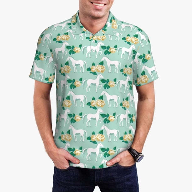 Fotbe Horse And Flower Camiseta Polo de Golf para Hombre con Estampado – Camisa Deportiva Transpirable con Cuello Abotonado-X-Large