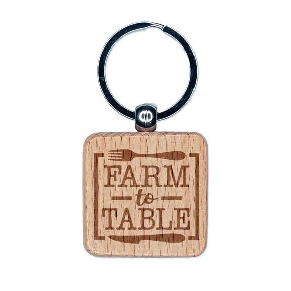 Farm to Table with Fork and Knife Square Keychain Charm Tag - Engraved Wood
