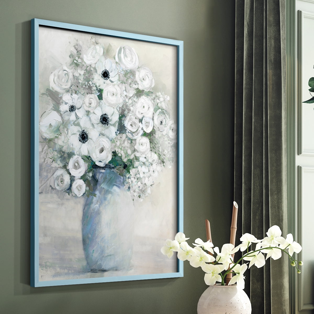 White Anemone Bouquet Framed Print in Blue Solid Wood 8 x 10 Framed Print