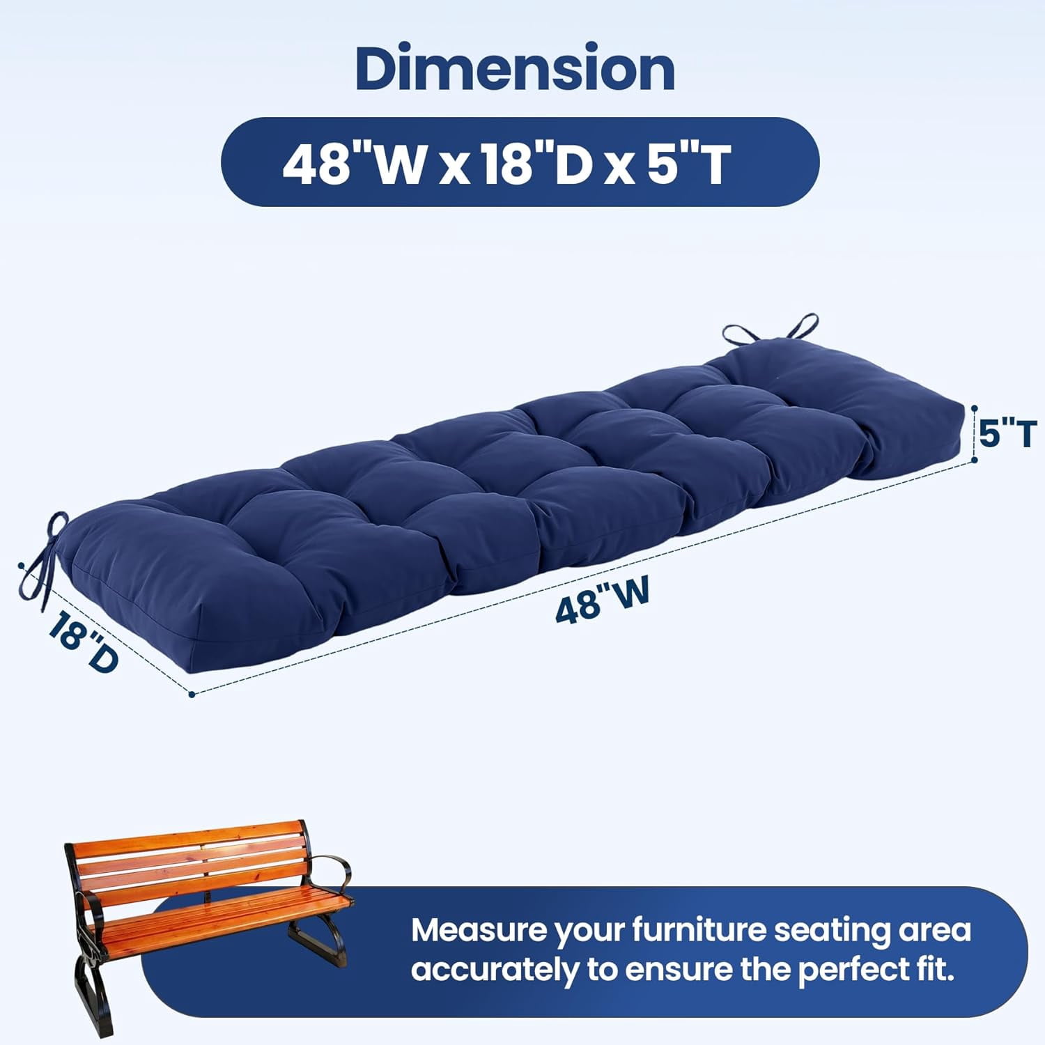 Outdoor Bench Cushion 48x18x5 Inch, Waterproof & Fade-Resistant Patio Furniture Cushions, Tufted Memory Foam Indoor/Outdoor Cushions for Couch Swing with Non-Slip Backing & Straps, Dark Grey