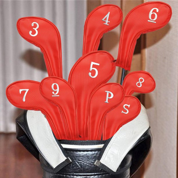 9x Golf Iron Headcover Golf Club Head ,4,5,6,7,8,9, P Número Juego de protectores de envoltura bordados Impermeable PU Guardia Accesorios de rojo Baoblaze Cubiertas de hierro de golf