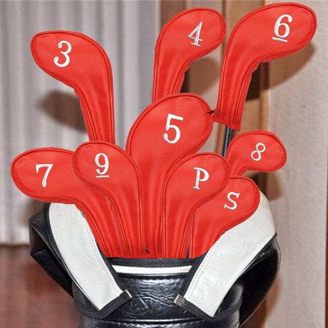9x Golf Iron Headcover Golf Club Head ,,,,7,8,9, P Número de protectores de envoltura bordados Impermeable PU Guardia Accesorios de rojo DYNWAVEMX Cubiertas de hierro de golf