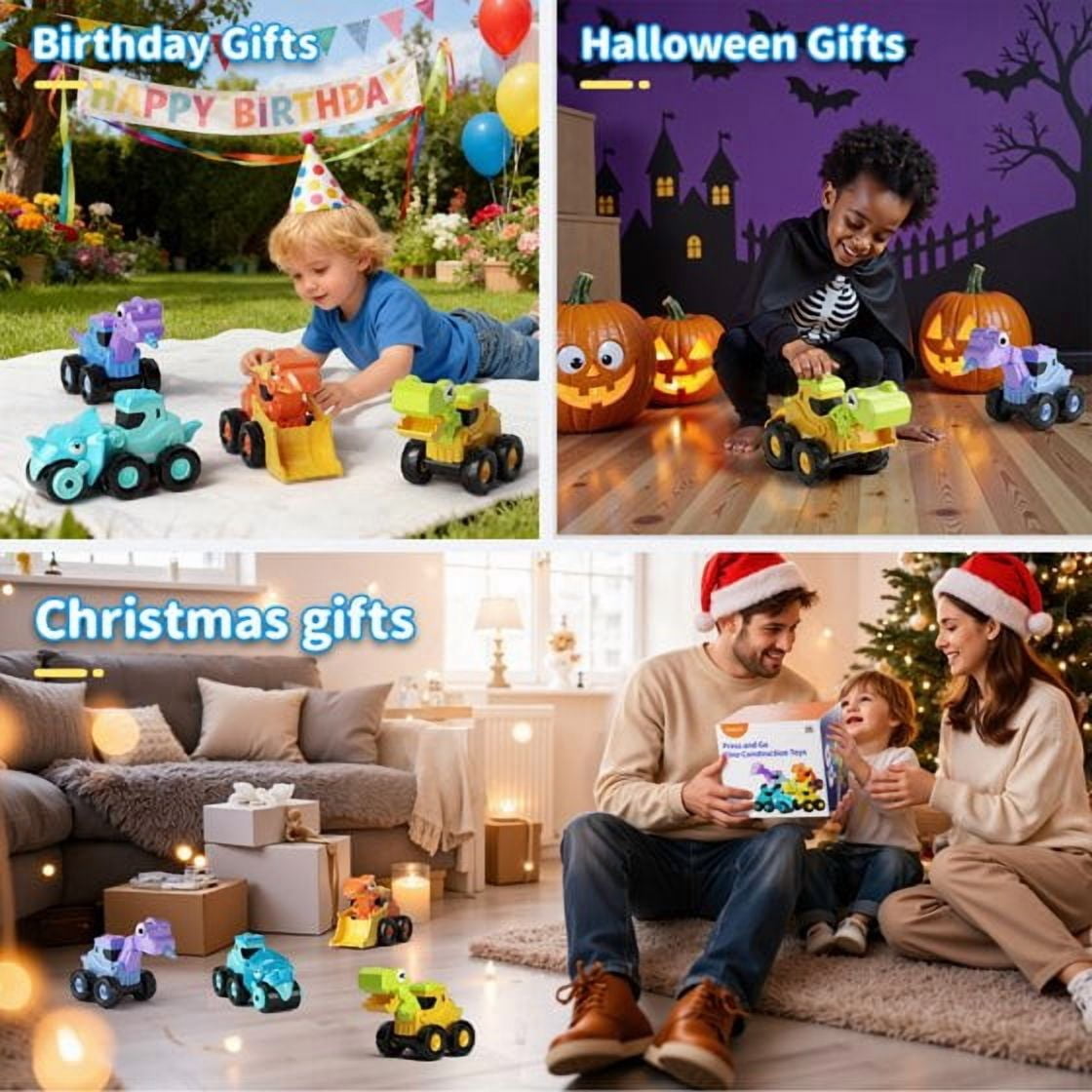 Dimoarch Dinosaur Construction Trucks Toys for Boys Ages 2 3 4, Toddlers Sandbox Vehicle Excavator Toys, Dino Press and Go Cars, Boys Birthday Gifts