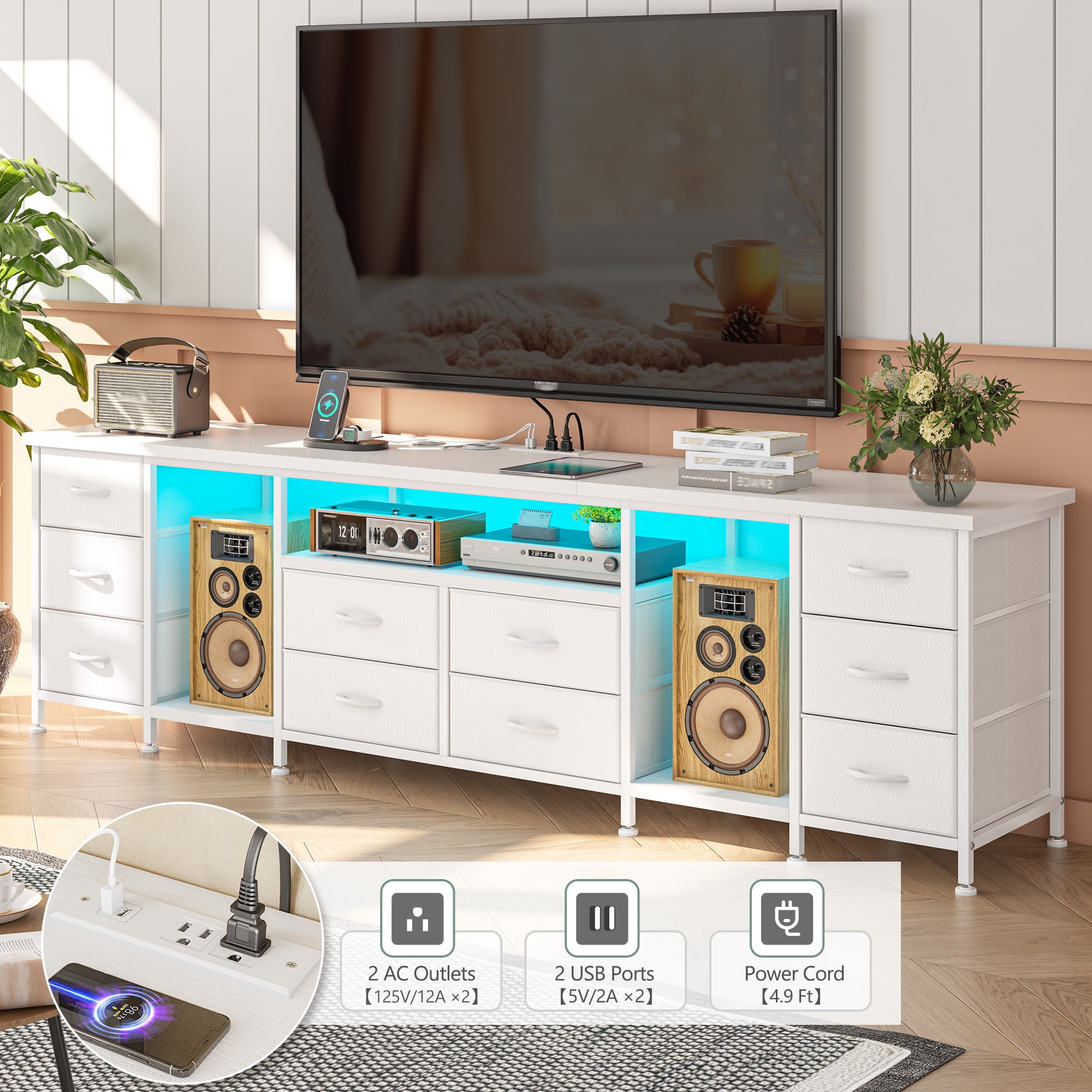 EnHomee TV Stand Dresser for 75 80 85 Inch TV Dressers for Bedroom with LED lights & Power Outlets TV stand with 10 Fabric Drawers and Entertainment Center,White