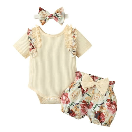 

Qufokar Baby Girl Thanksgiving Outfit 6-9 Months Simple Cute Outfits Girls Ruffles Short Sleeve Ribbed Romper Bodysuits Bowknot Floral Printed Shorts Headbands Outfits