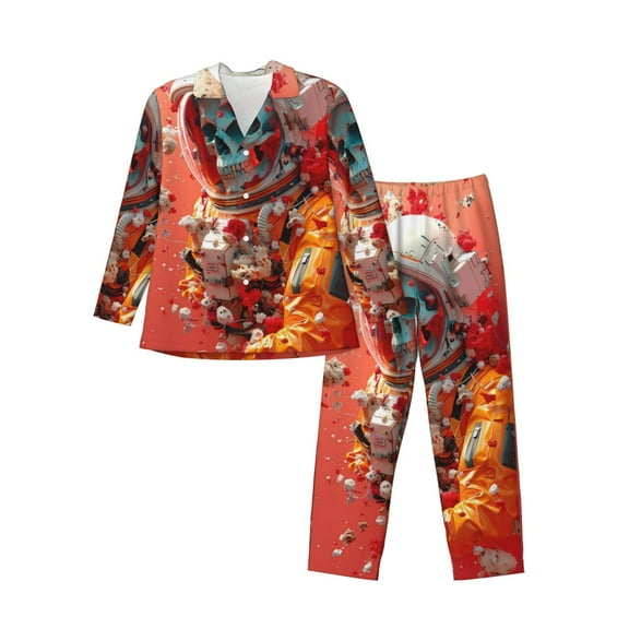 Fuzoiu Space Skeleton Art Print Men's Long-Sleeved Pajama,Lounge Button Down Nightwear,Mens Notch Collar Pajama Set -Small