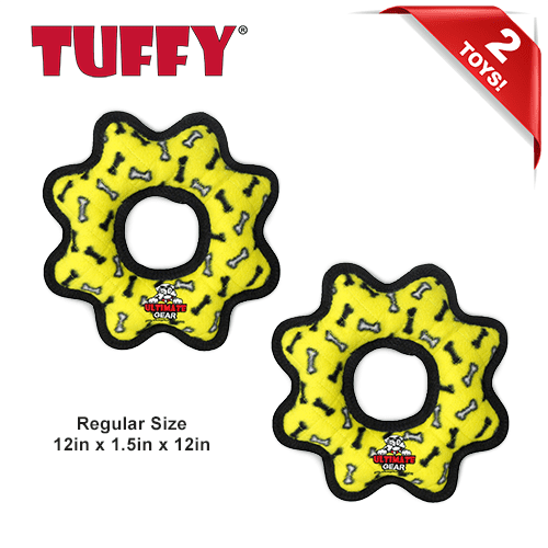 TUFFY® Ultimate Gear Ring Yellow Bone, 2-Pack, Durable Plush Squeaky Dog Toys