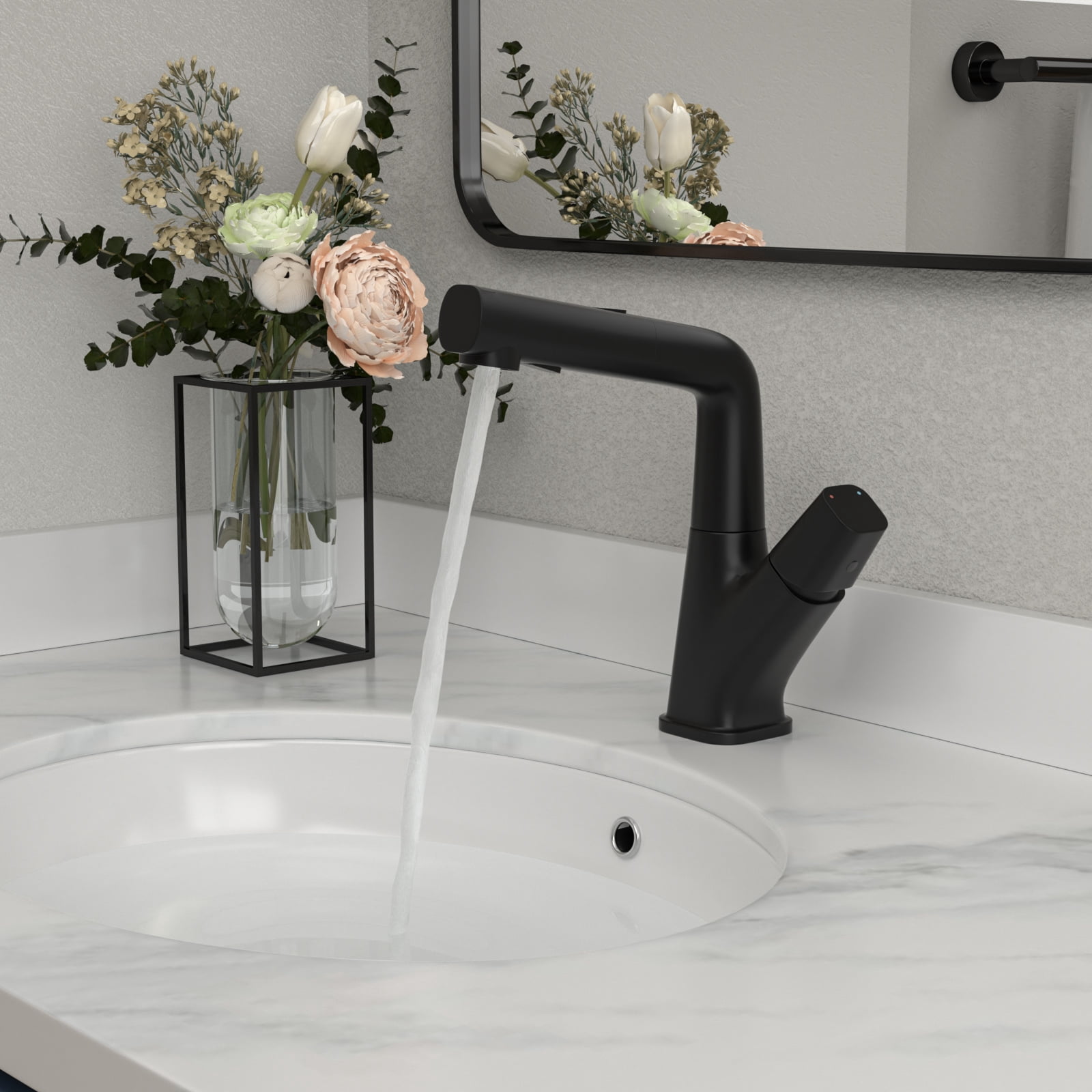 Logmey 19.5" Pull-Out Bathroom Faucet with Sprayer 360° Liftable Head BPA-Free Teeth & Pet Wash Matte Black LM-WAL-SLC2402-2-MB