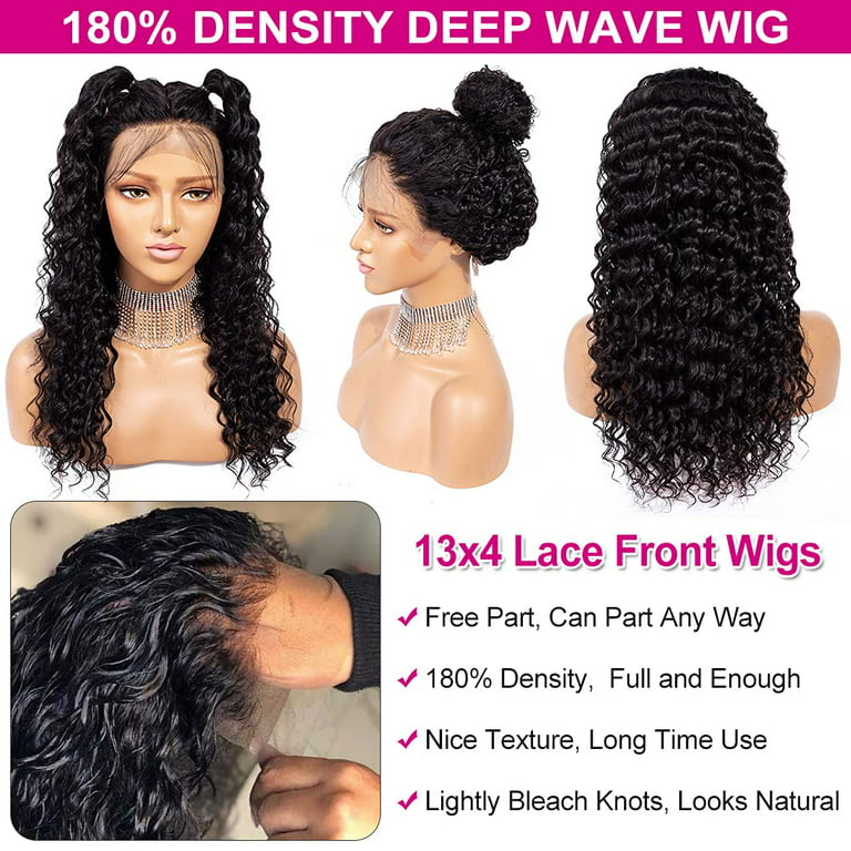 Deep Wave Lace Front Wigs Human Hair 180 Density Brazilian Human Hair Wigs  with Baby Hair Pre Plucked Natural Hairline(16 Inch, Black color) 