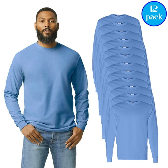 Gildan Men’s Heavy Cotton Long Sleeve T-Shirt, Carolina Blue, Crew Neck Durable Tee, 12 Pack, S