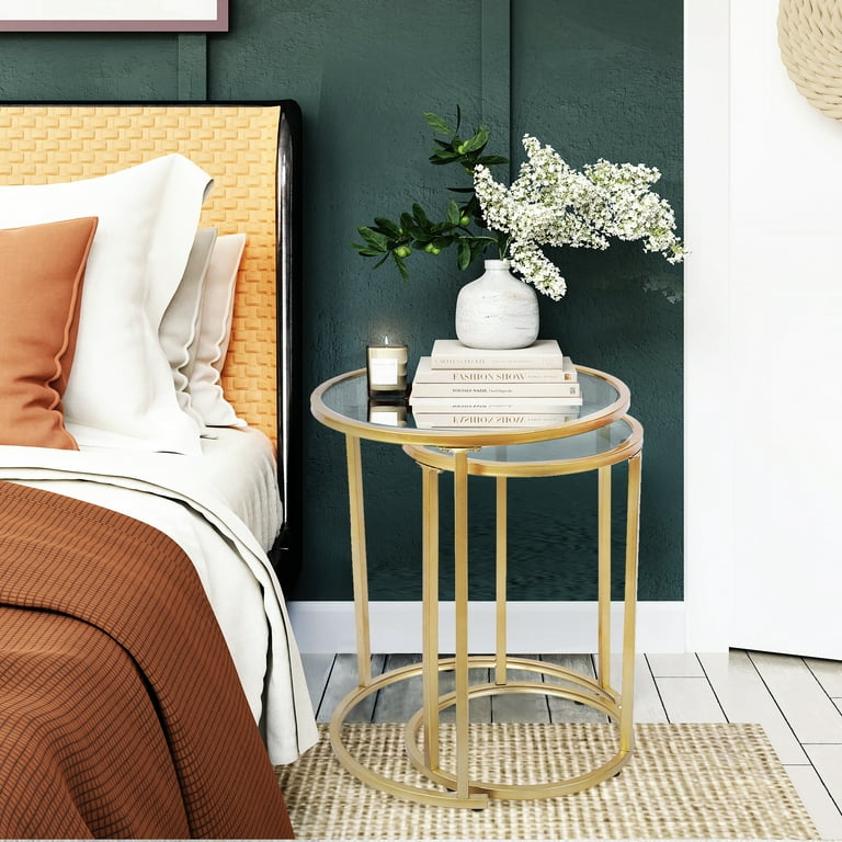 ABBSR Round Gold Nest of Side End Tables Set of 2 with Clear Glass Tops Nightstand for Living Room Bedroom furniture Walmart