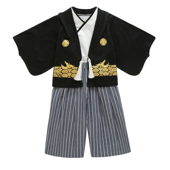 TOOYOU Boys 2-Piece Outfits Sets Kimono Traditional Clothing Traditional Kimono Outfits Fabric Black Boys Breathable Clothing Sets Size 4-5 Years Black