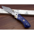 thumbnail image 4 of Damascus steel folding knife, 8.3" long knife with hand forged 4" blade, Blue Colored Bone & custom made engraved steel bolster scale, Cow Hide Lather sheath included, 4 of 8