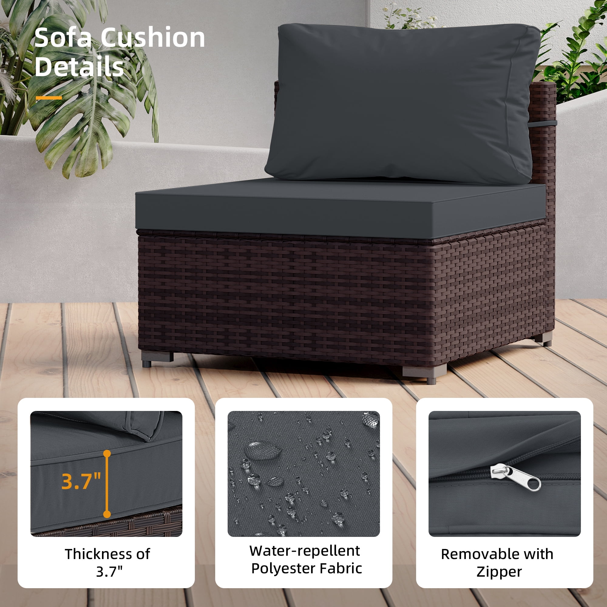 UPHA 5 Pieces Outdoor furniture Sets Patio Sectional Couch Wicker Conversation Sofa for Pools Outside, Gardens, Decks, Brown Rattan, Dark Gray Cushion