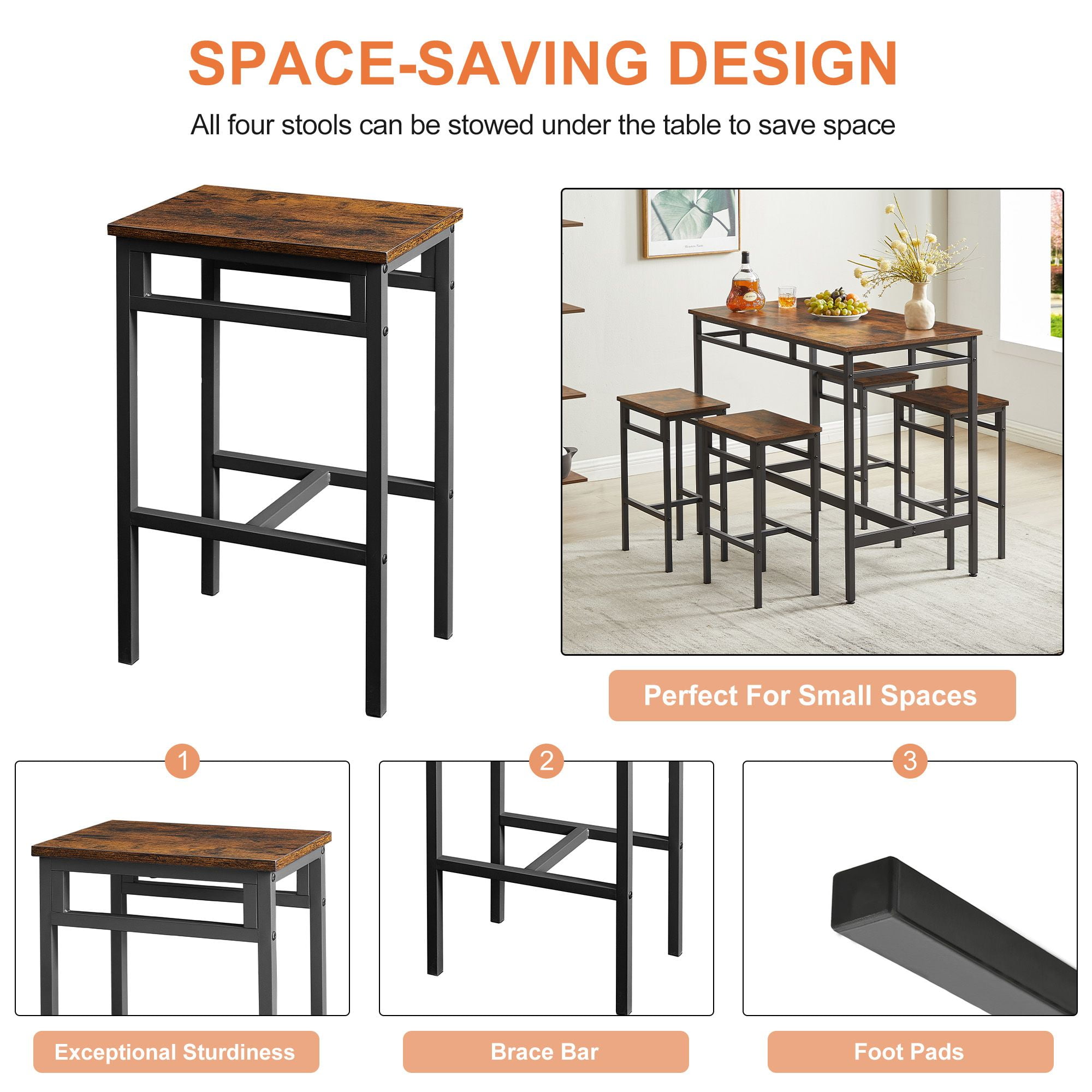 Aukfa 5-Piece Counter Height Dining Set, Bistro Pub Table Set with 4 Stools for Small Space, Rustic Brown