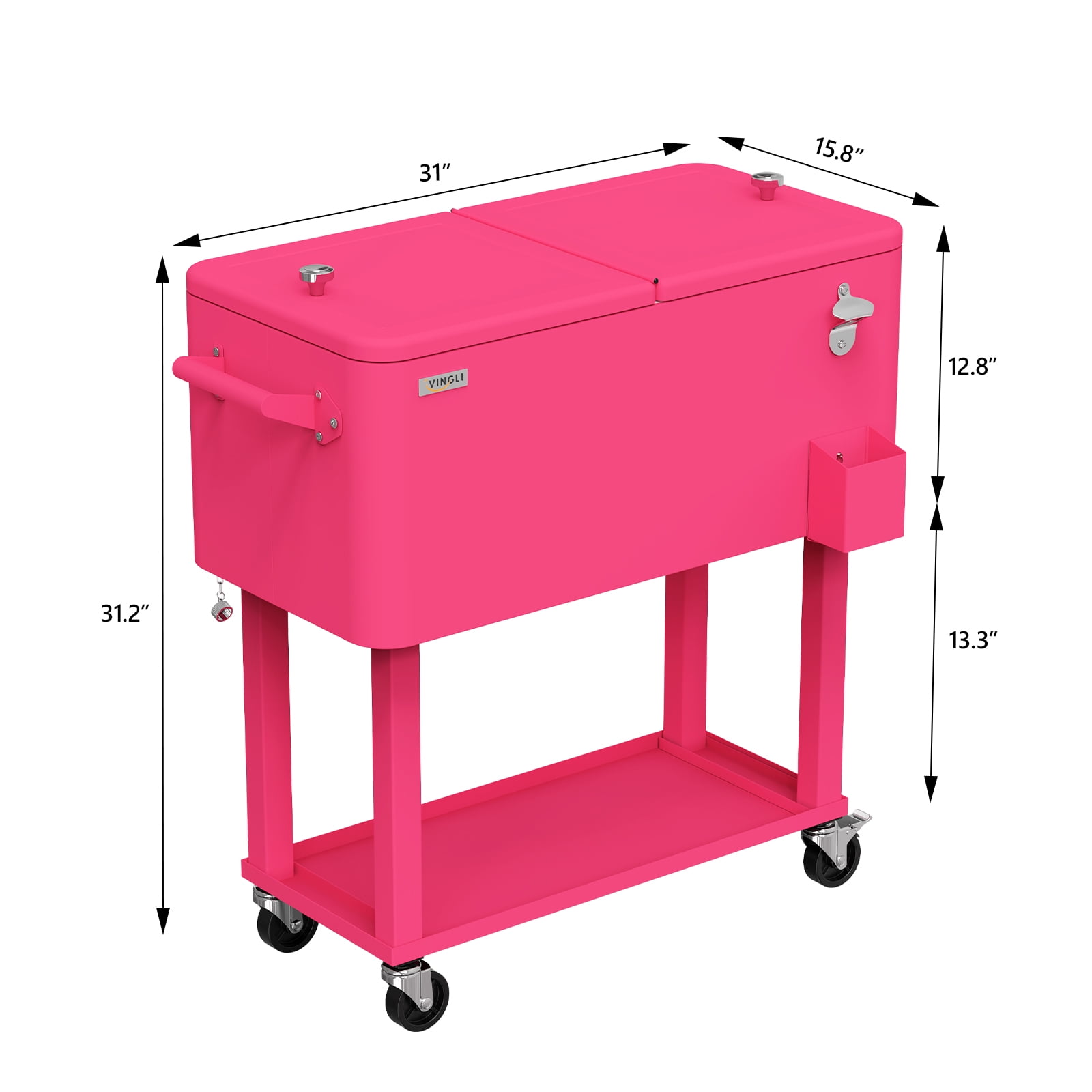 Ktaxon 80 Qt Rolling Ice Chest Cooler Cart Outdoor Trolley with Storage Shelf, Bottle Opener & Cap Collector for 48 Hour Cold Drinks,Bright Pink