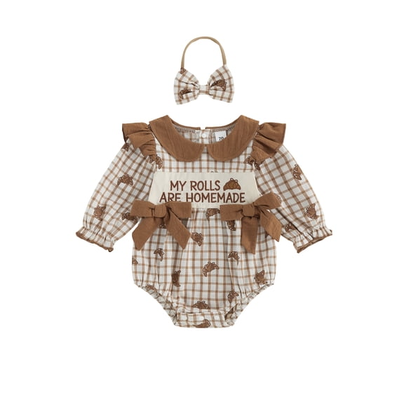 Cjfdfy Baby Girl Fall Plaid Romper Croissant Print Letter Embroidery Long Sleeve Doll Collar Bodysuit with Bow Headband 2-Piece Set Thanksgiving Outfit My Rolls Are Homemade Letter Set