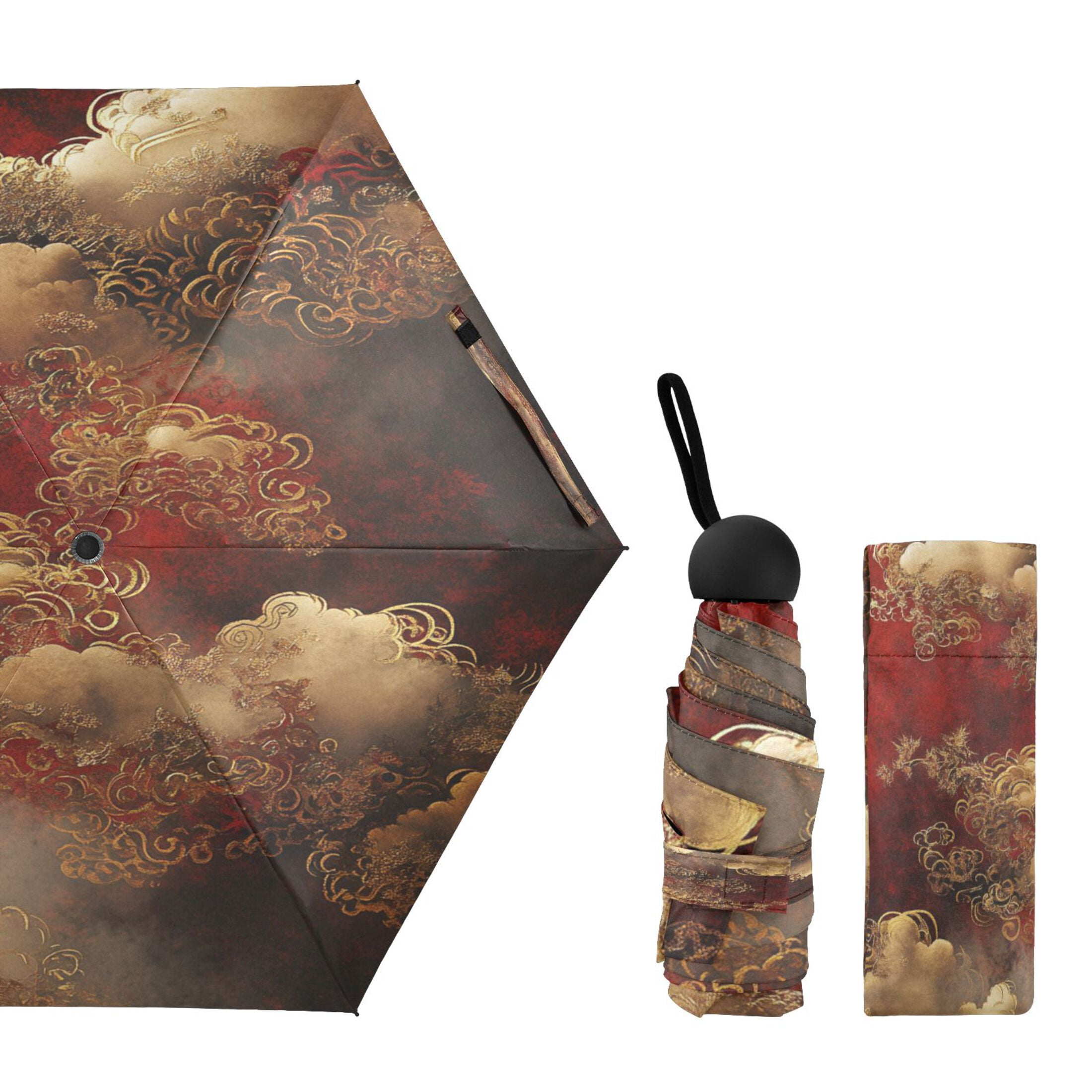 Cloud Pattern Chinese Umbrellas for Sun Auto Open Close UV50+ Waterproof 5-Fold Compact Fiberglass Frame