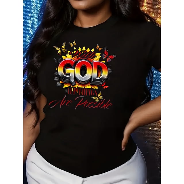 Women's Casual Round Neck Short Sleeve T-Shirt with GOD Print, 100% Cotton, Machine Washable, Top