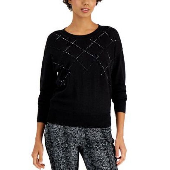 MSRP $60 Alfani Crewneck Shine Sweater Black Size Medium