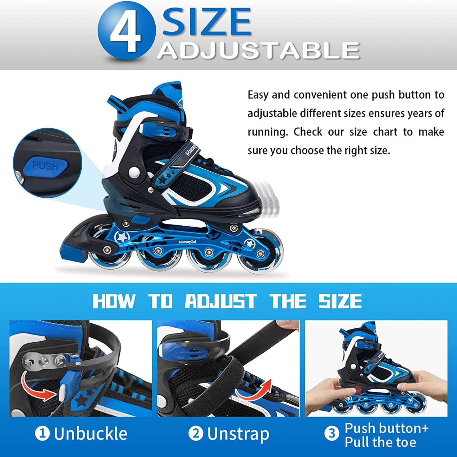 MammyGol Adjustable Inline Skates with Light-Up Wheels for Boys Girls Outdoor Sports, Comfort Youth Kids Skates Blue 5-8