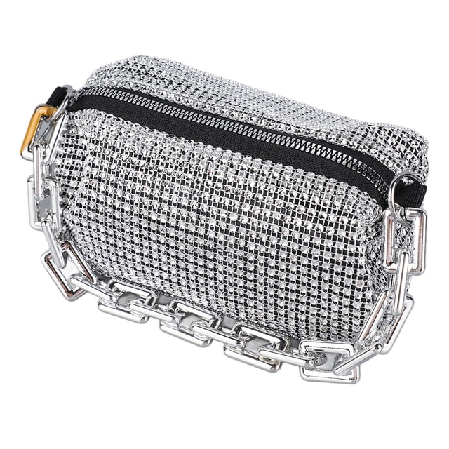 BOKYAN Bolso Bandolera Elegante con Pedrería Brillante y Cadenas Desmontables para Mujer Silver 23 cm x 16 cm