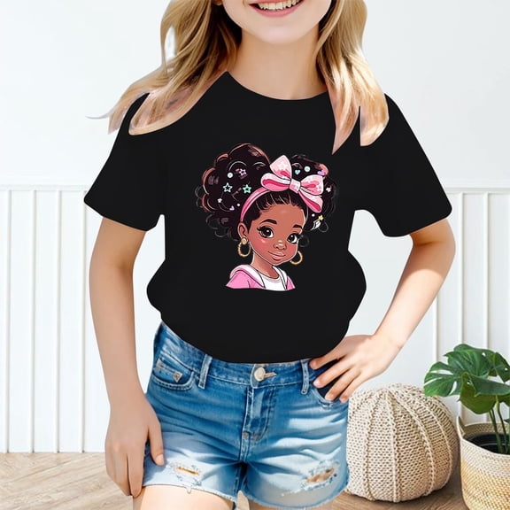 Girls' Short Sleeve Cartoon Painted Graphic T-Shirt, Everyday Casual Wear, Soft & Comfortable Fit Tops Black,5-6 Years