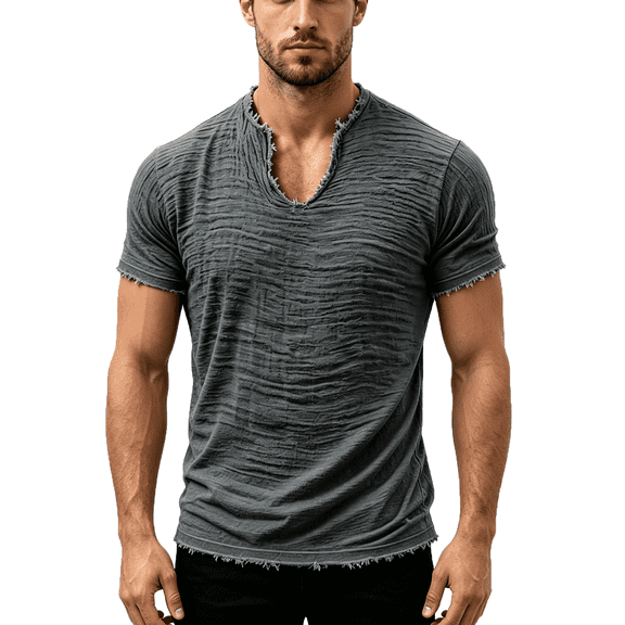 Homeyce Men's Cotton Linen T-Shirts V Neck Raw Edge Washed Distressed Shirts Summer Short Sleeve Solid Loose Beach Tee Tops,Gray 2XL