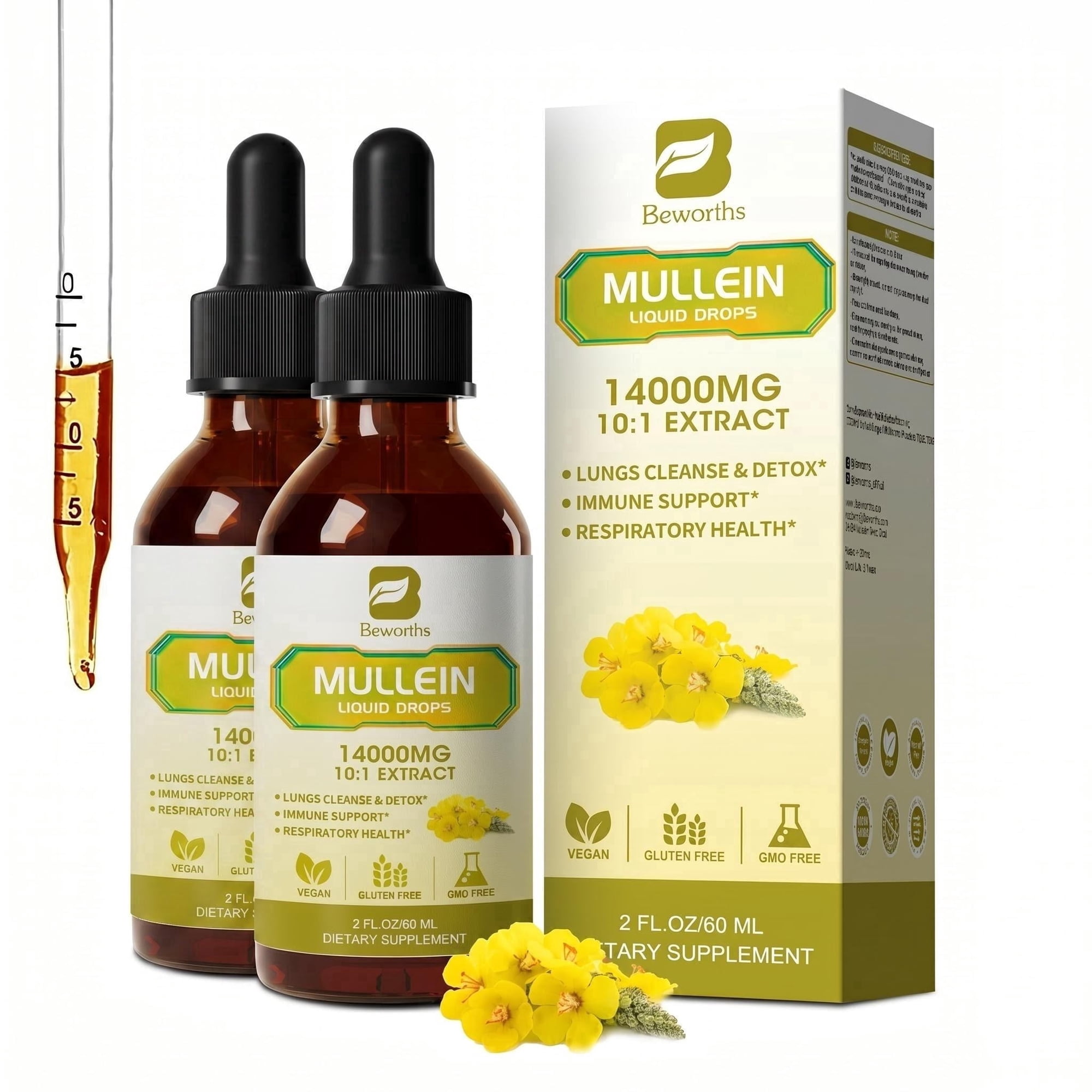 (2 Pack) Mullein Leaf Liquid Drops – 10:1 High Absorption Formula for Respiratory & Immune Support, 4 fl oz