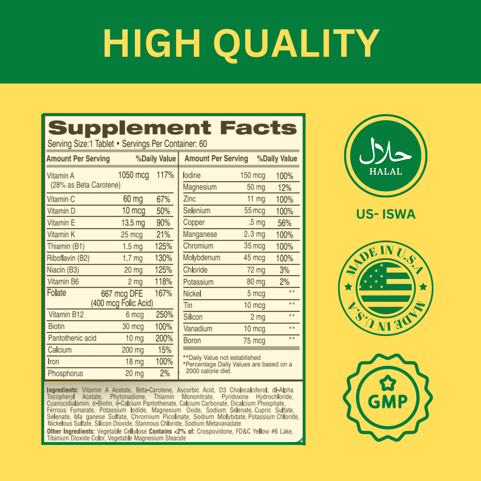 Greenfield Nutritions - Halal Multivitamin with Minerals for Women and Men (Gelatin Free) - 60 Tablets