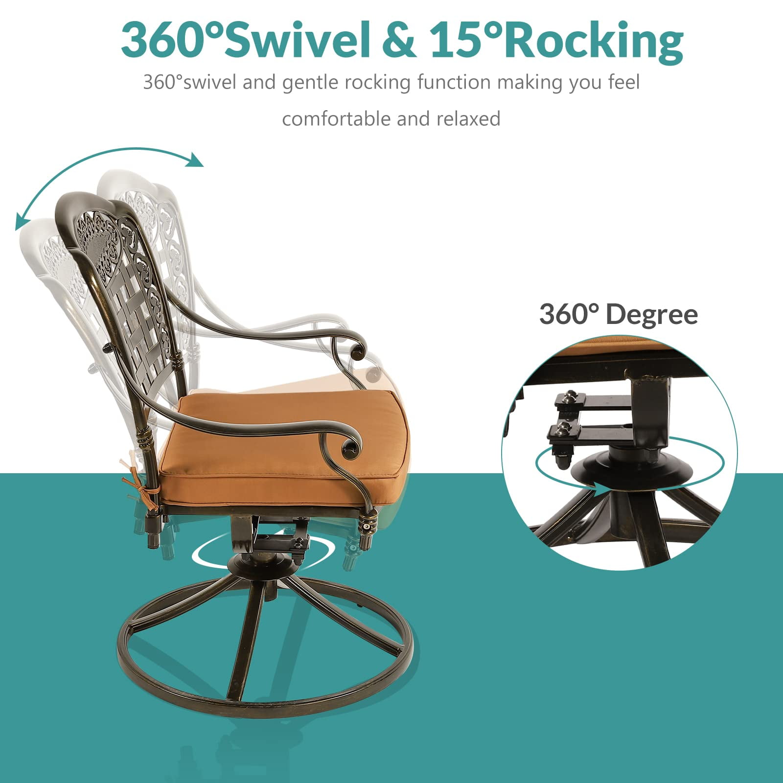MEETWARM 2 Piece Patio Dinning Swivel Chairs Rocker, Outdoor All-Weather Cast Aluminum Chairs with Cushions, Patio Bistro Dining Chair Set for Garden Deck Backyard, Dark Bronze